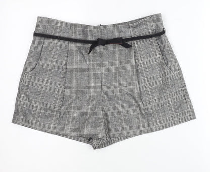 Topshop Women Grey Check Paperbag Shorts Size 12 Belted Pleated