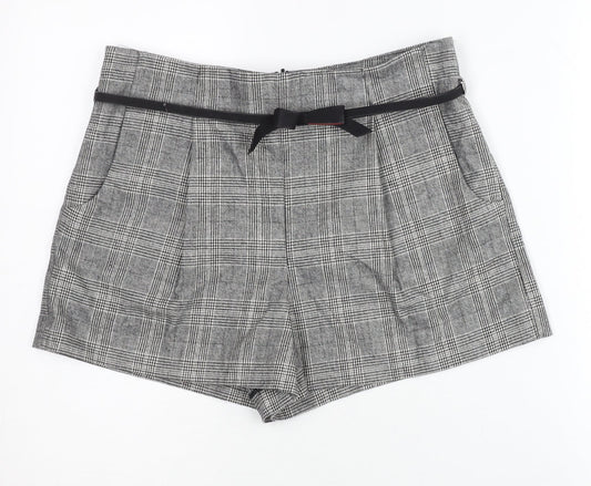 Topshop Women Grey Check Paperbag Shorts Size 12 Belted Pleated