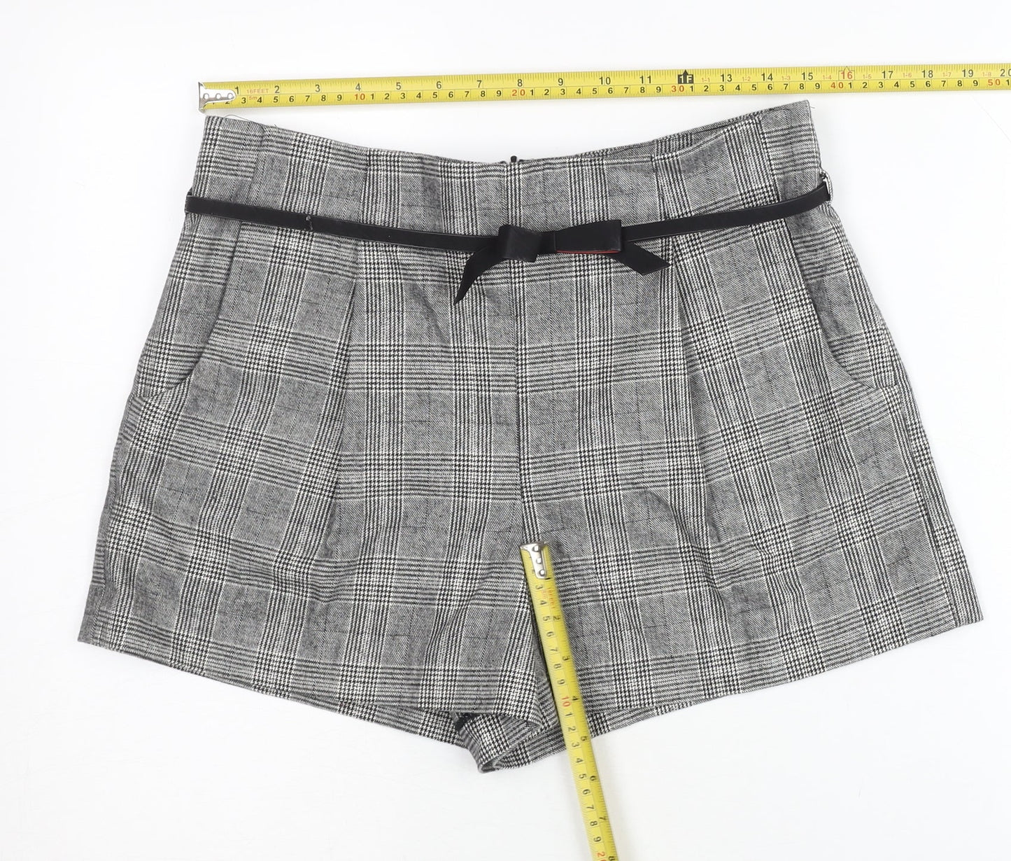 Topshop Women Grey Check Paperbag Shorts Size 12 Belted Pleated