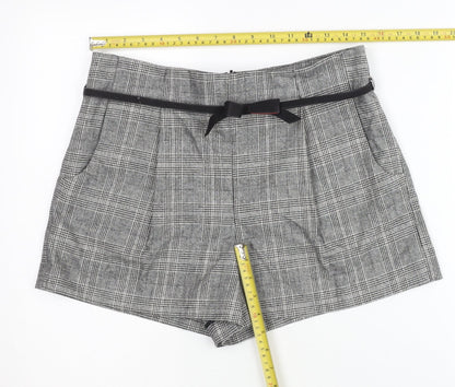 Topshop Women Grey Check Paperbag Shorts Size 12 Belted Pleated