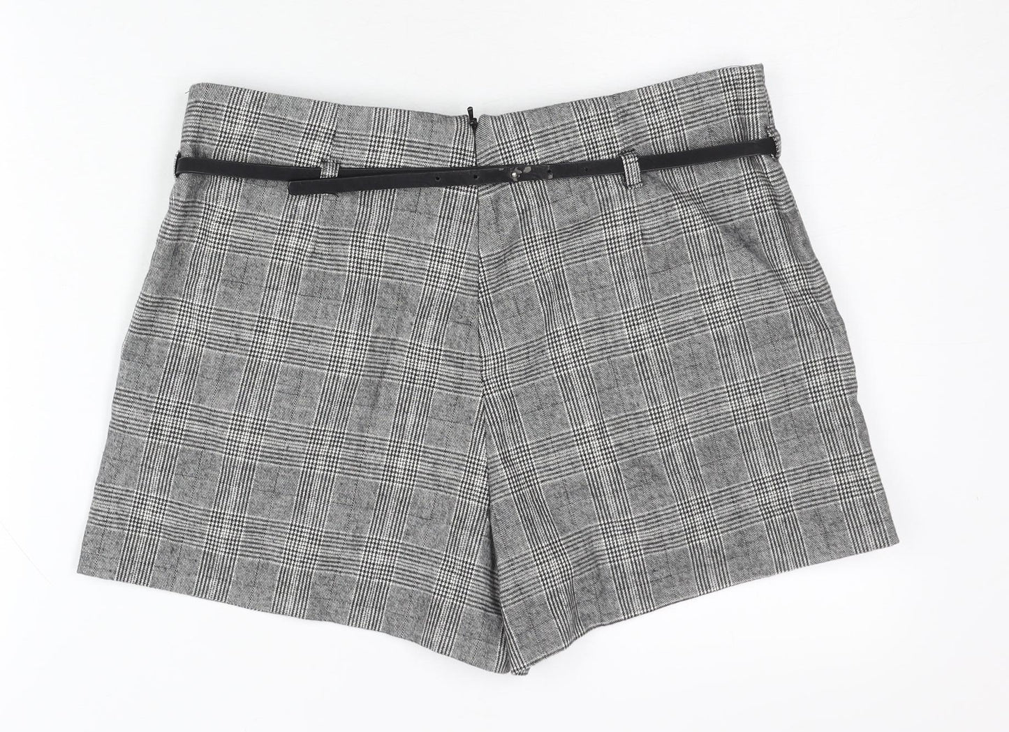 Topshop Women Grey Check Paperbag Shorts Size 12 Belted Pleated