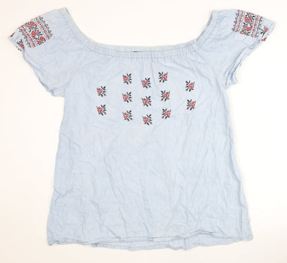 Boohoo Women Blue Embroidered Off Shoulder Blouse UK 16
