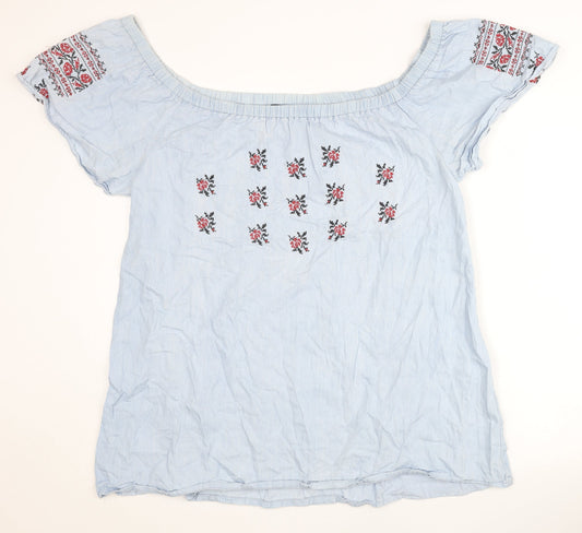 Boohoo Women Blue Embroidered Off Shoulder Blouse UK 16