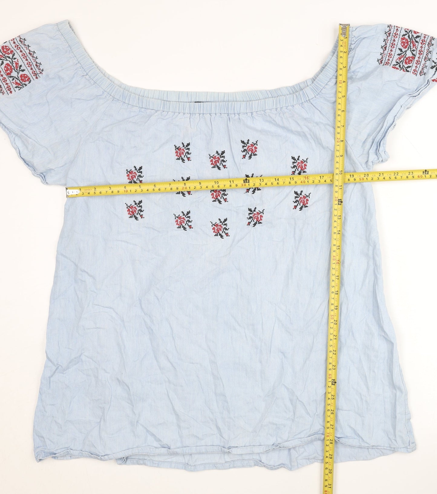 Boohoo Women Blue Embroidered Off Shoulder Blouse UK 16