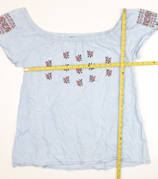 Boohoo Women Blue Embroidered Off Shoulder Blouse UK 16
