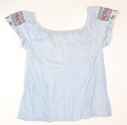 Boohoo Women Blue Embroidered Off Shoulder Blouse UK 16