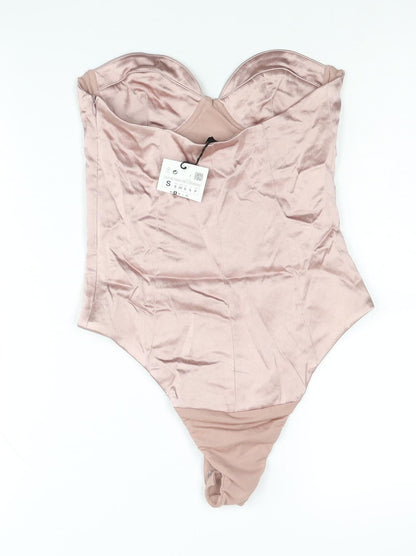Zara Women Pink Viscose Bodysuit Size S Strapless Sweetheart Neckline