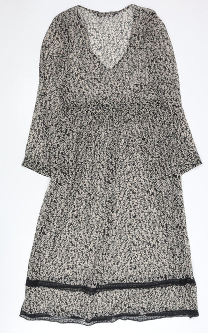 Zara Women Black Floral Shift Dress XS V-Neck Long Sleeve Boho Chiffon