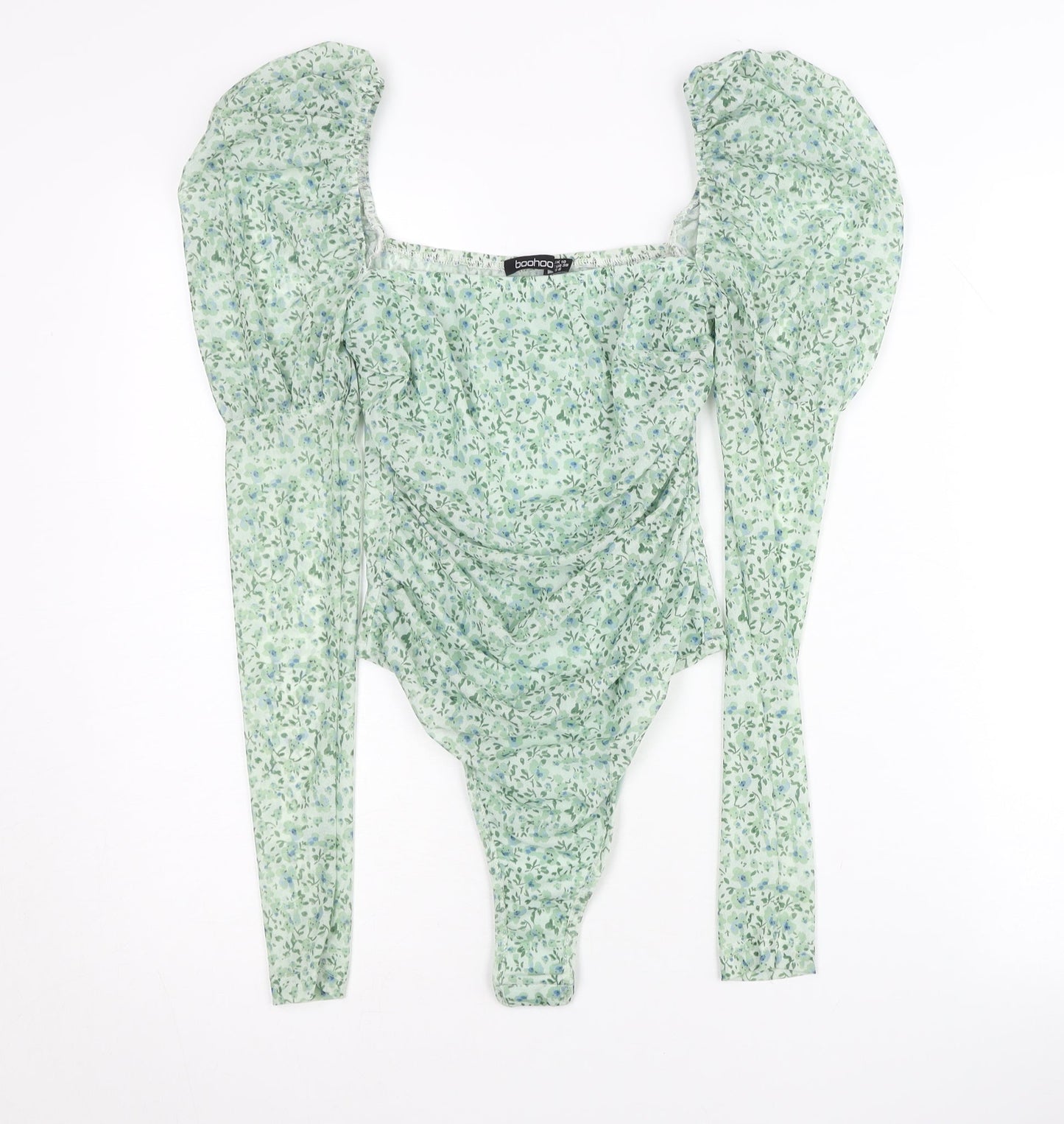 Boohoo Women’s Green Floral Ruched Puff Sleeve Bodysuit Size 10