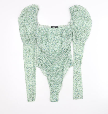 Boohoo Women’s Green Floral Ruched Puff Sleeve Bodysuit Size 10