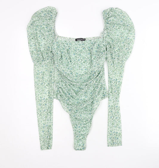 Boohoo Women’s Green Floral Ruched Puff Sleeve Bodysuit Size 10