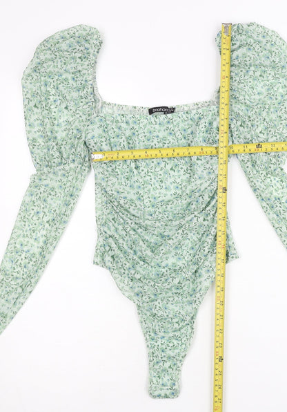 Boohoo Women’s Green Floral Ruched Puff Sleeve Bodysuit Size 10