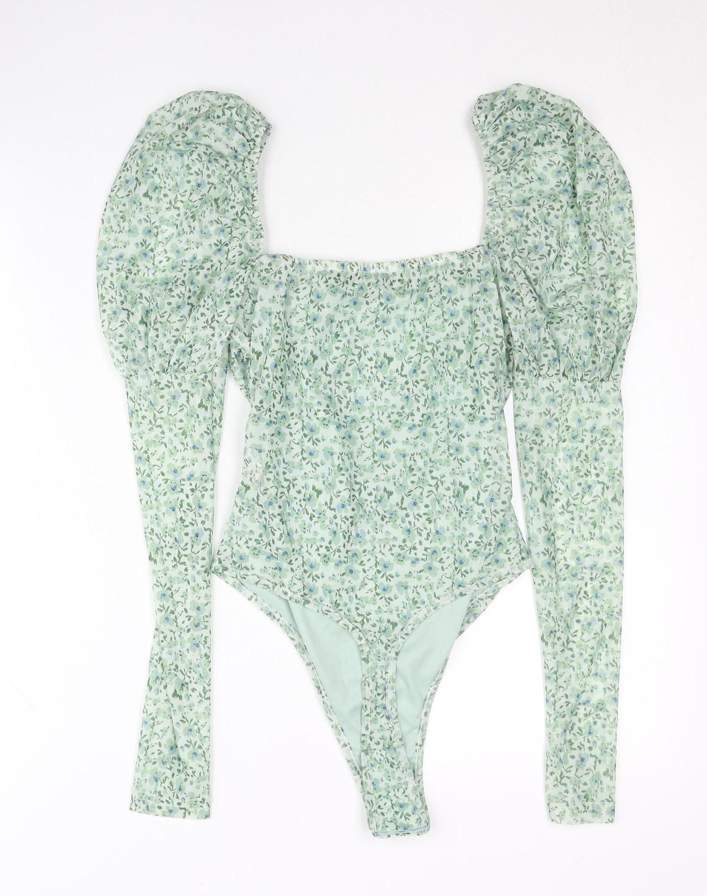 Boohoo Women’s Green Floral Ruched Puff Sleeve Bodysuit Size 10