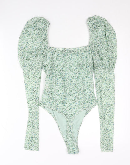 Boohoo Women’s Green Floral Ruched Puff Sleeve Bodysuit Size 10