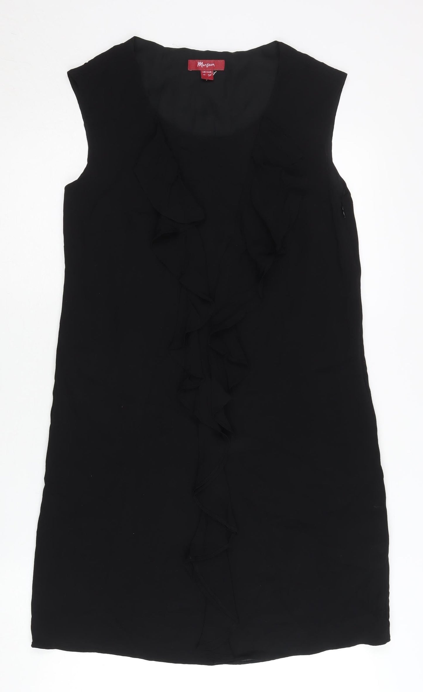 Monsoon Women’s Black Ruffle Shift Dress Size 12 Knee Length Sleeveless