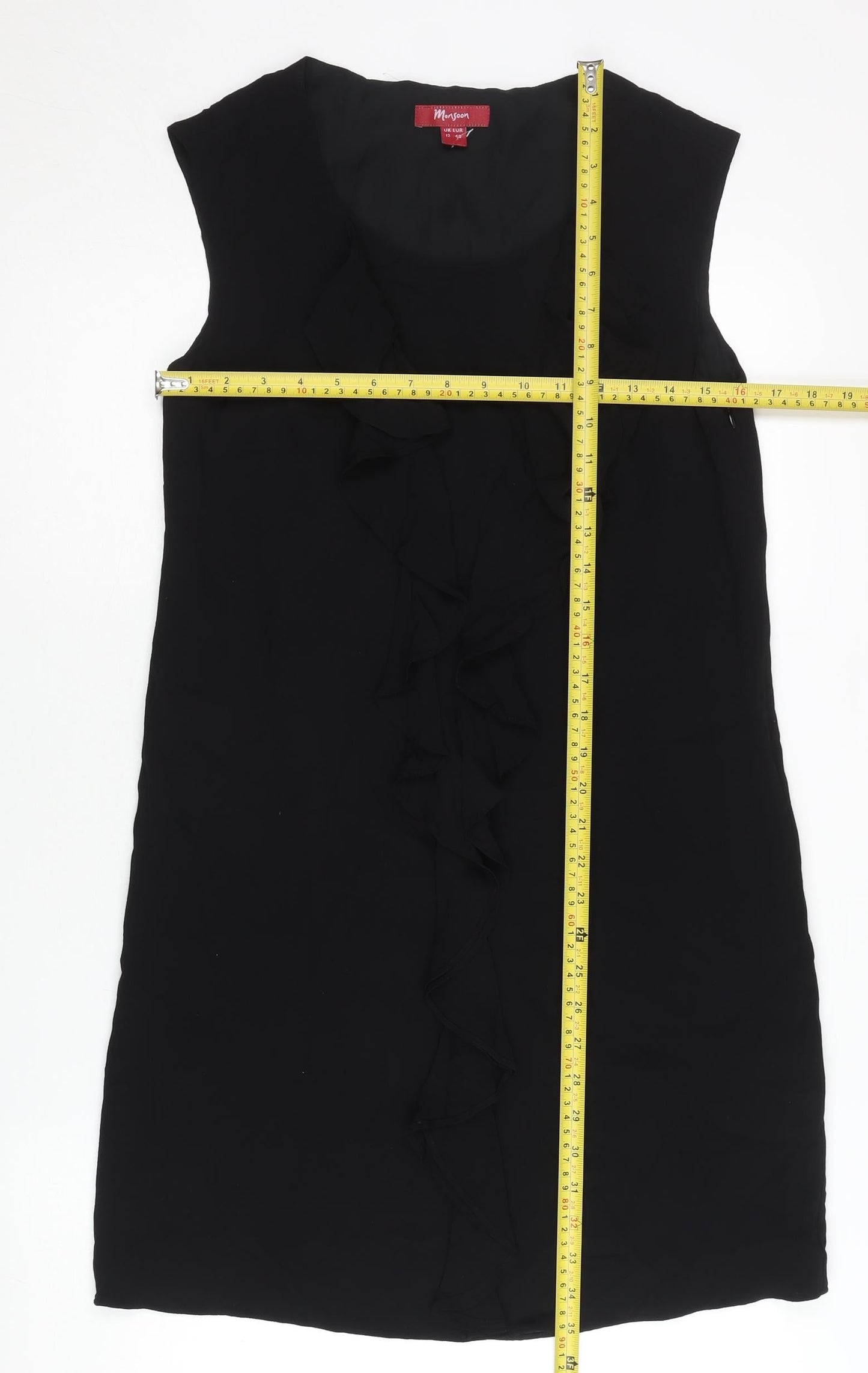 Monsoon Women’s Black Ruffle Shift Dress Size 12 Knee Length Sleeveless