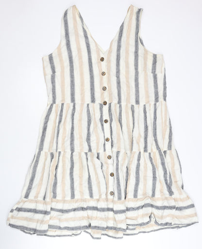 Next Women’s Beige Grey Striped Swing Dress Size 18 Linen V-Neck