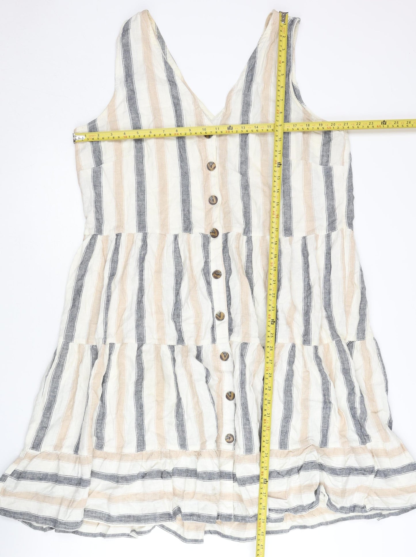 Next Women’s Beige Grey Striped Swing Dress Size 18 Linen V-Neck