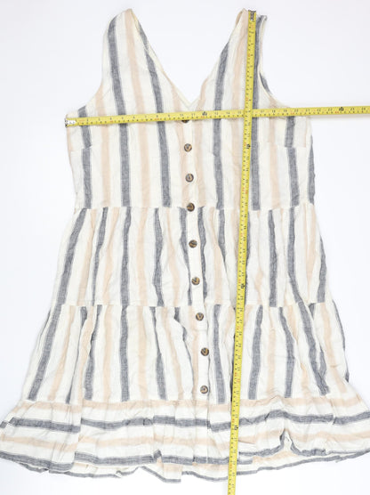 Next Women’s Beige Grey Striped Swing Dress Size 18 Linen V-Neck