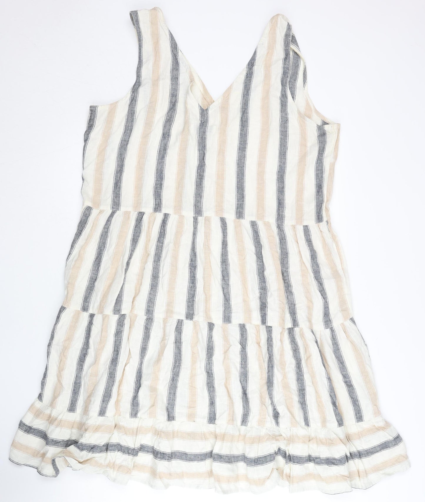 Next Women’s Beige Grey Striped Swing Dress Size 18 Linen V-Neck
