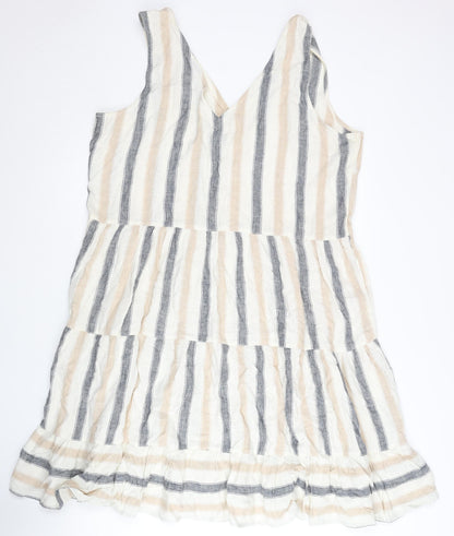 Next Women’s Beige Grey Striped Swing Dress Size 18 Linen V-Neck