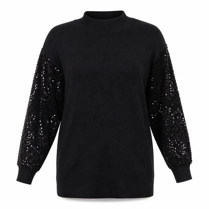 OUIZ Womens Black Sequin Sleeve Mock Neck Pullover Jumper Size S