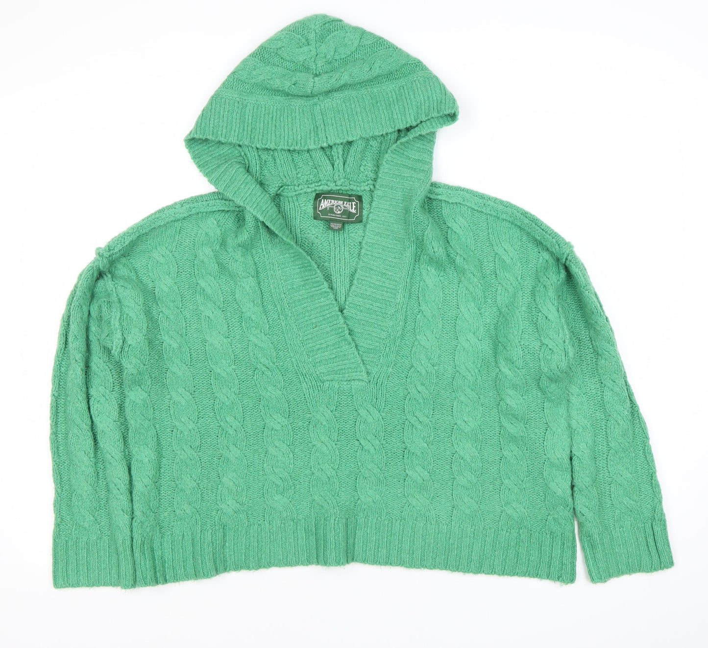 American Eagle Women’s Green XS Cable Knit Hooded Jumper