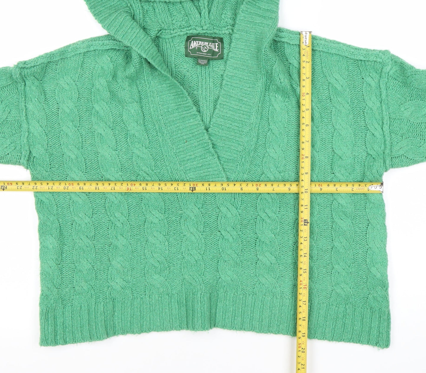 American Eagle Women’s Green XS Cable Knit Hooded Jumper