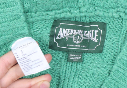 American Eagle Women’s Green XS Cable Knit Hooded Jumper
