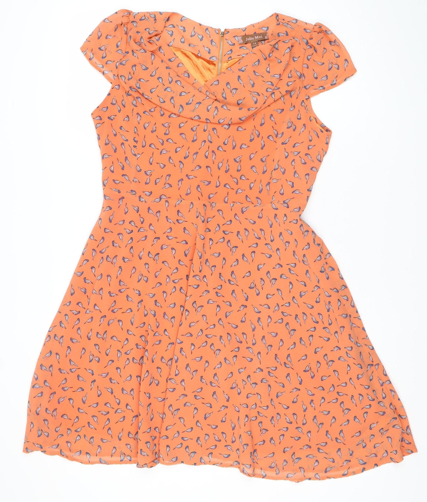 Jolie Moi Women's Orange Bird Print Fit & Flare Dress Size 14