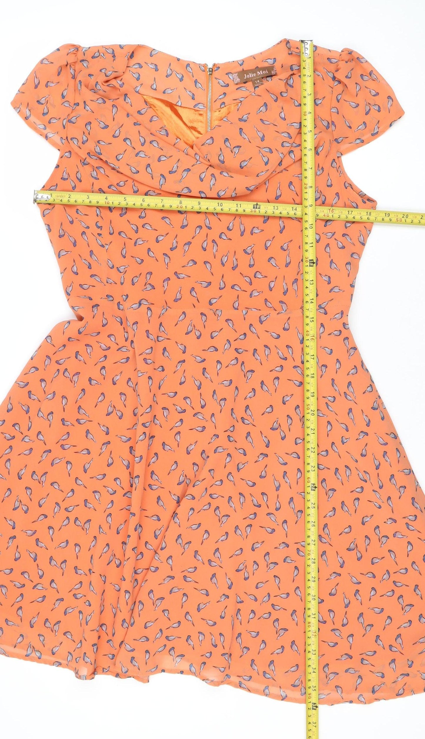 Jolie Moi Women's Orange Bird Print Fit & Flare Dress Size 14