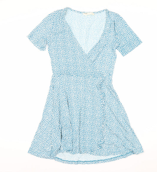 Pull&Bear Women’s Blue Floral Wrap Dress Size 8 Short Sleeve