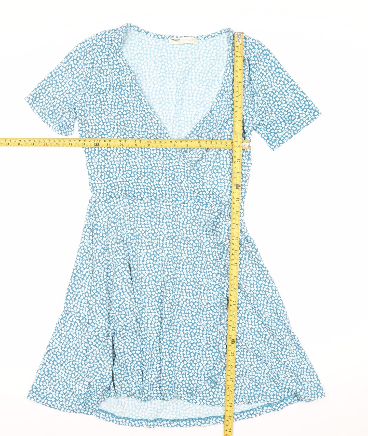 Pull&Bear Women’s Blue Floral Wrap Dress Size 8 Short Sleeve