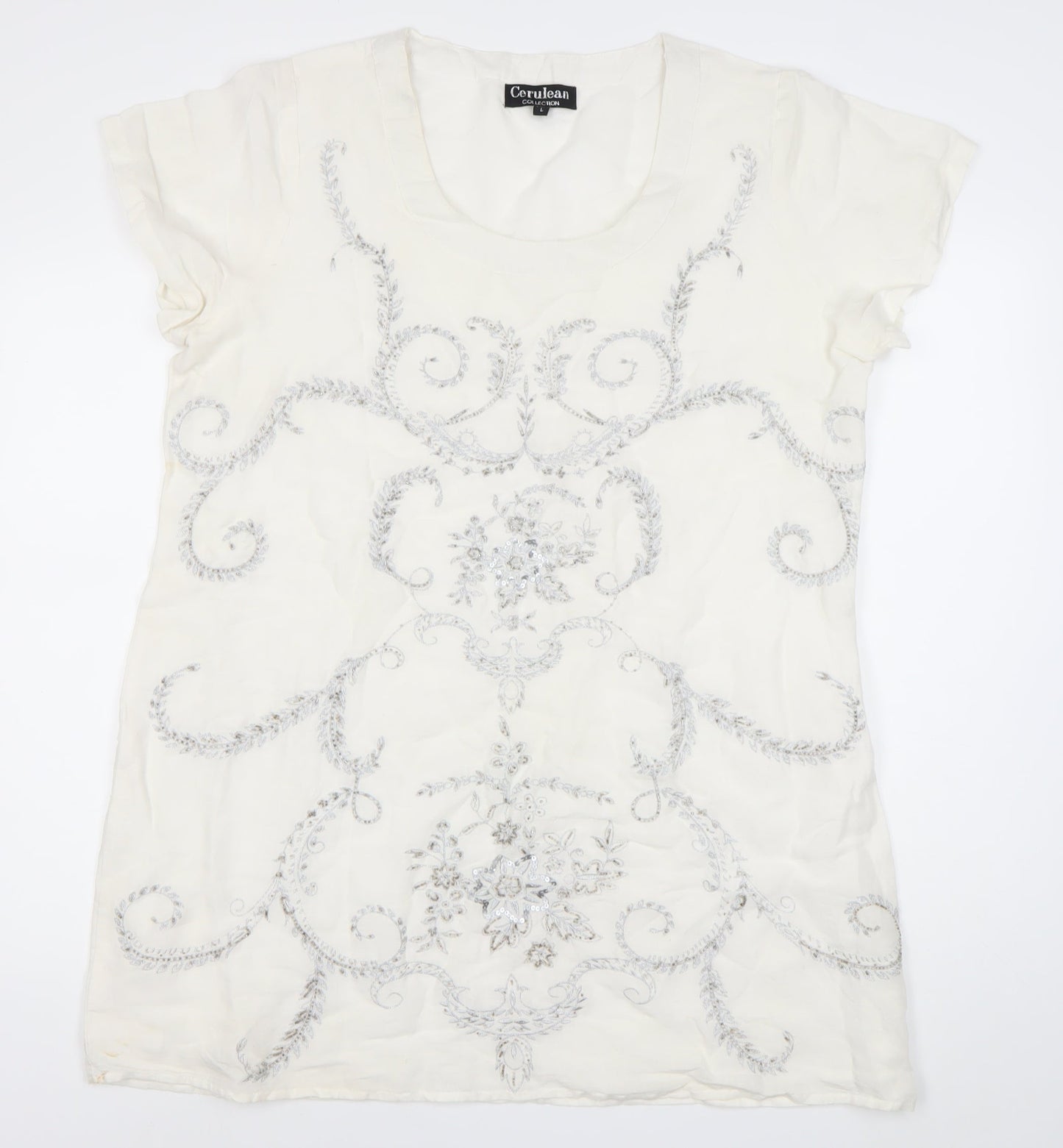 Cerulean Collection Women Ivory Shift Dress L Linen Cotton Embroidered