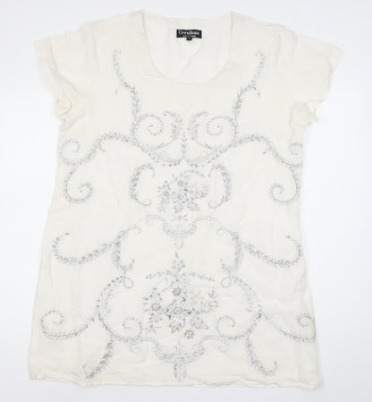 Cerulean Collection Women Ivory Shift Dress L Linen Cotton Embroidered