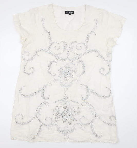 Cerulean Collection Women Ivory Shift Dress L Linen Cotton Embroidered