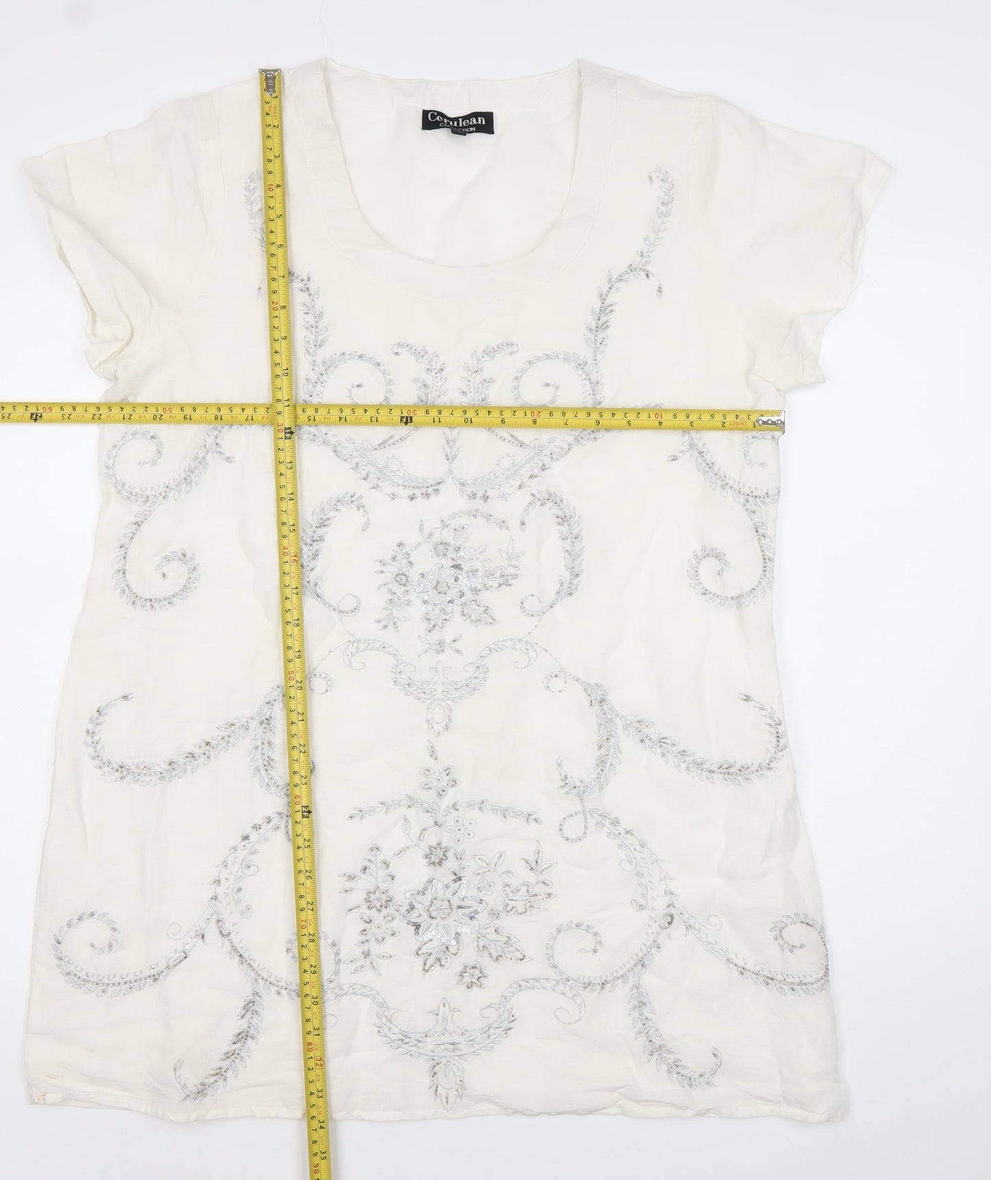 Cerulean Collection Women Ivory Shift Dress L Linen Cotton Embroidered