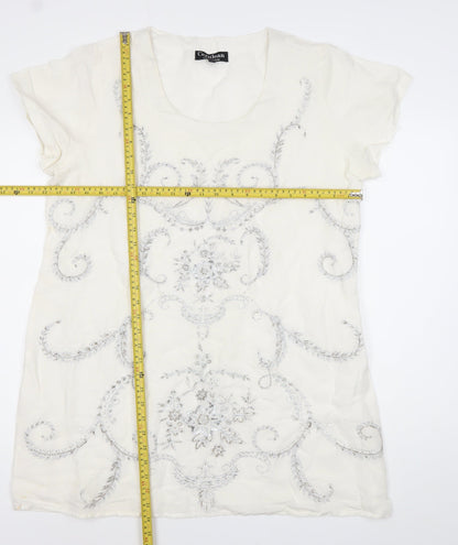 Cerulean Collection Women Ivory Shift Dress L Linen Cotton Embroidered