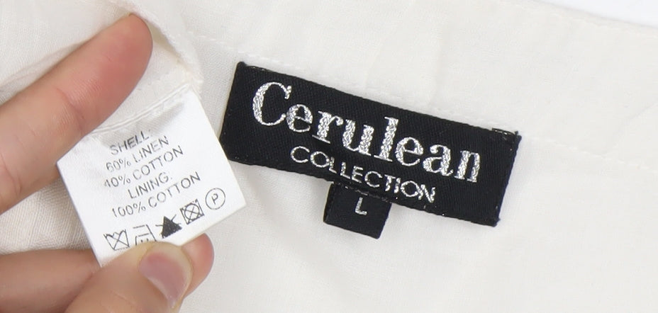 Cerulean Collection Women Ivory Shift Dress L Linen Cotton Embroidered