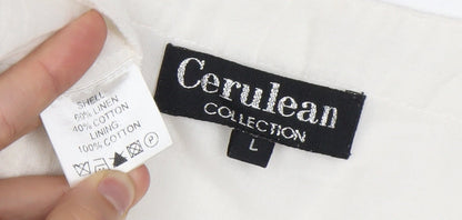 Cerulean Collection Women Ivory Shift Dress L Linen Cotton Embroidered