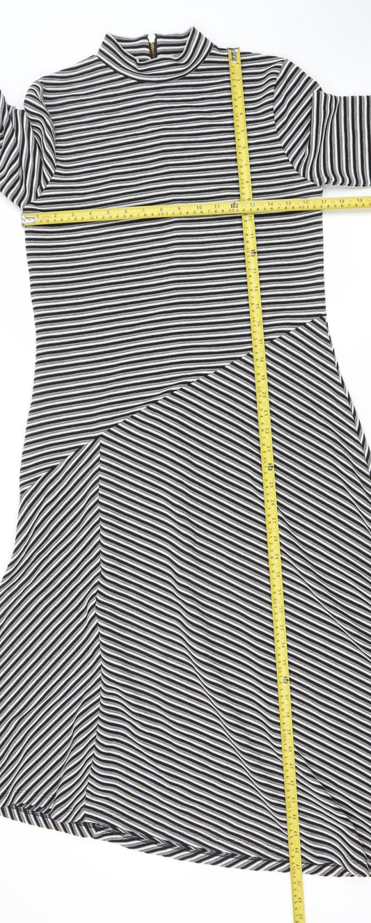 Mint Velvet Women’s Black Striped Asymmetric Midi Dress UK 12