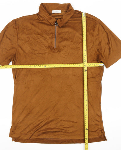 Zara Man Brown Polyester Polo Shirt Men M Short Sleeve 1/4 Zip