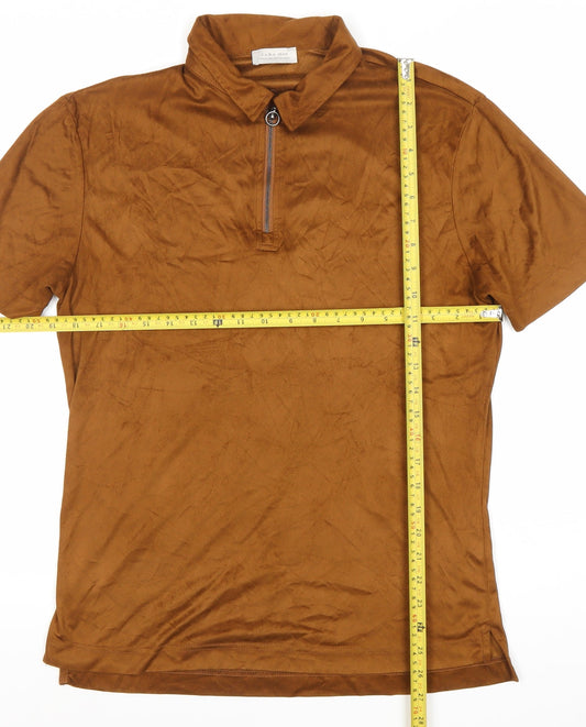 Zara Man Brown Polyester Polo Shirt Men M Short Sleeve 1/4 Zip