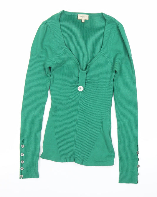 Karen Millen Women’s Green Knit Blouse Size 8 Long Sleeve Slim Fit