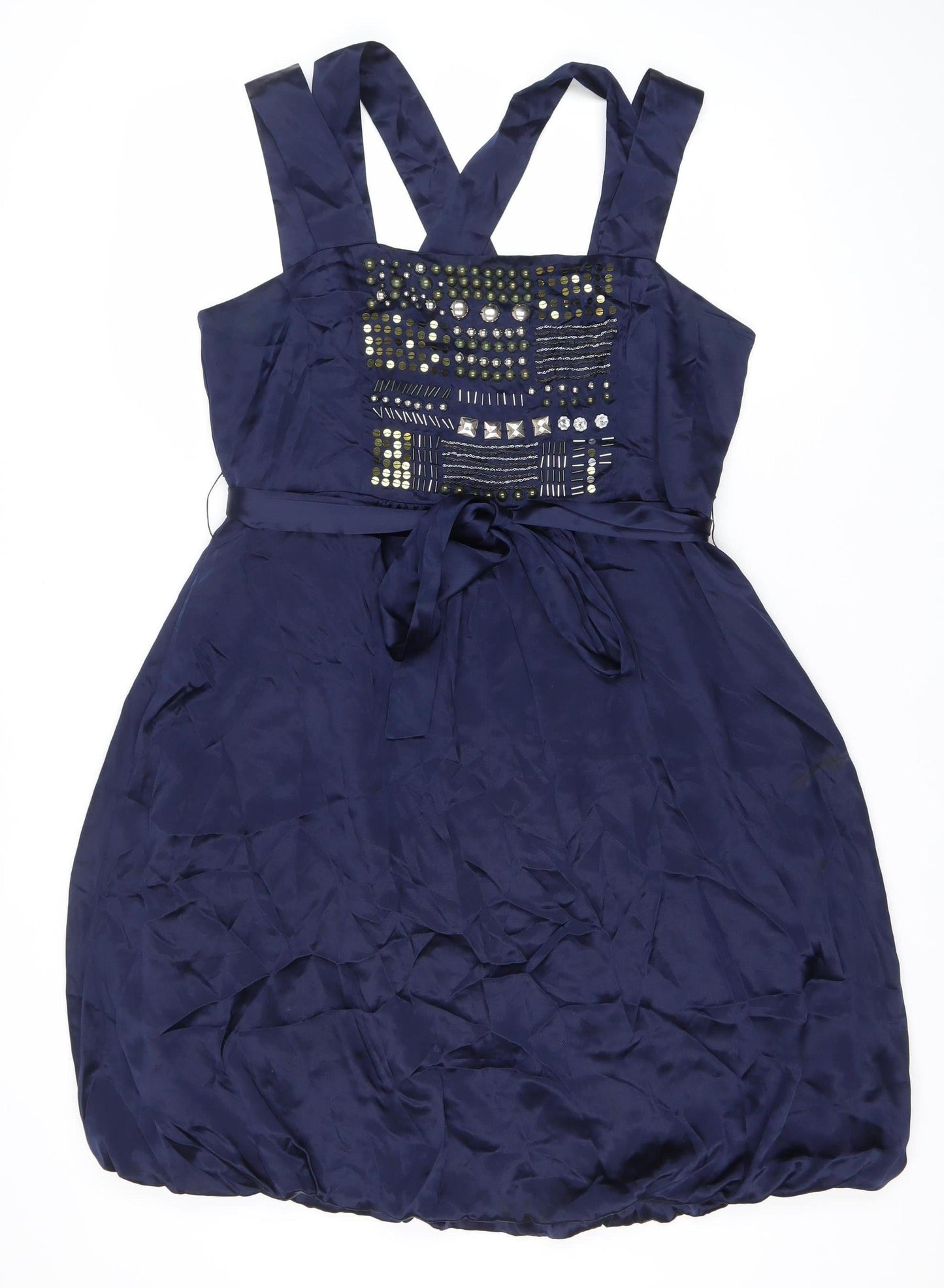 French Connection Womens Blue Silk Beaded A-Line Dress Size 16