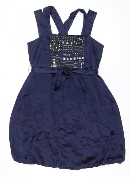 French Connection Womens Blue Silk Beaded A-Line Dress Size 16