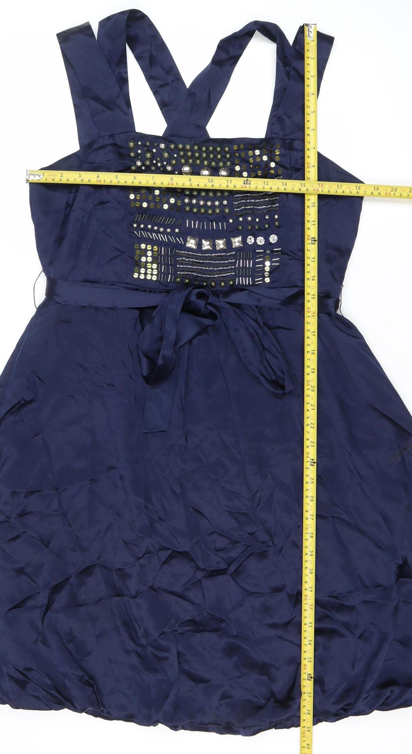 French Connection Womens Blue Silk Beaded A-Line Dress Size 16