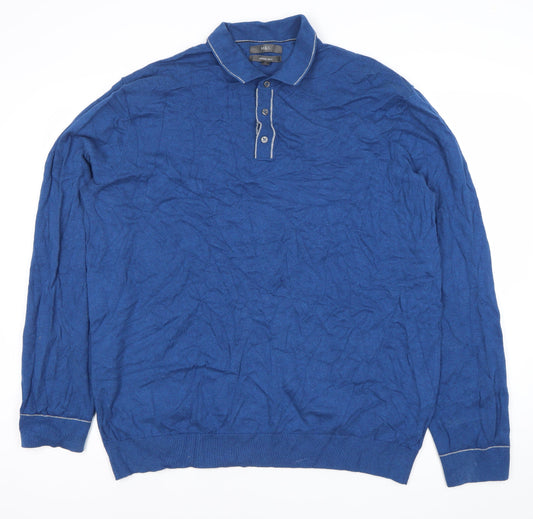 Marks and Spencer Men’s Blue 2XL Collared Henley Jumper Cotton Blend