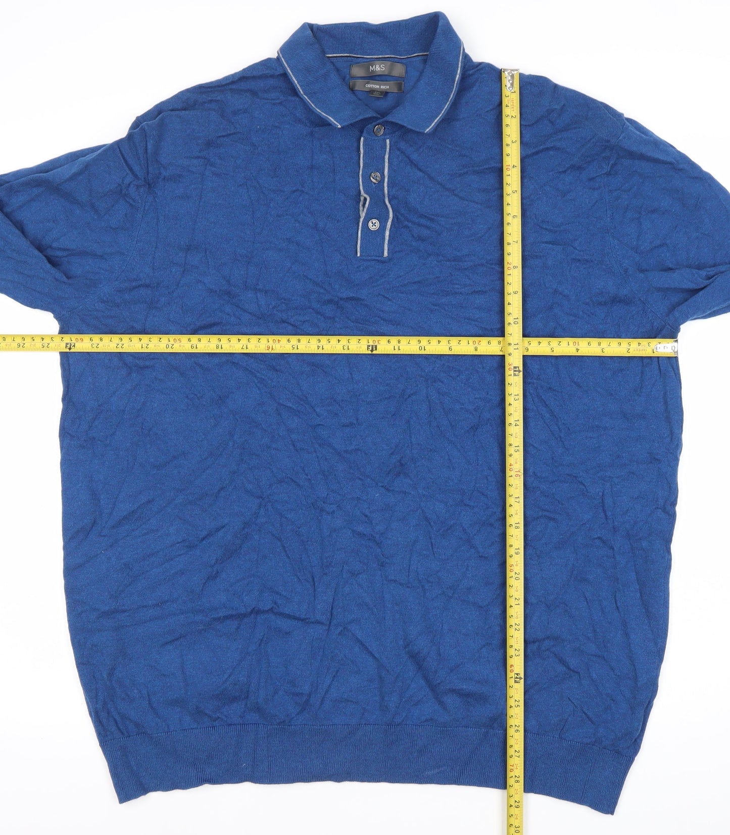 Marks and Spencer Men’s Blue 2XL Collared Henley Jumper Cotton Blend