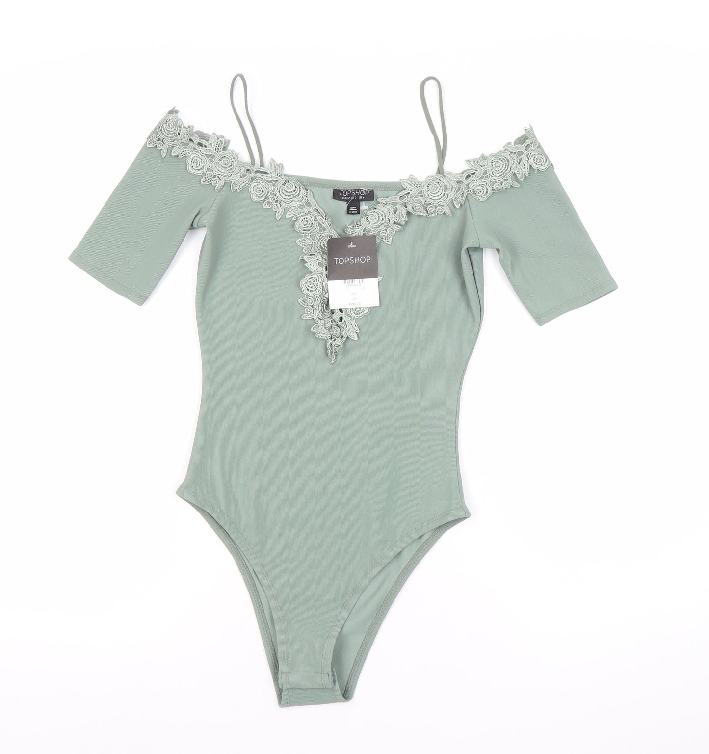 Topshop Women Green Lace Off Shoulder Bodysuit UK 4 Slim Fit